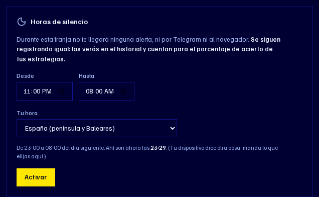 Tarjeta de horas de silencio con franja y zona horaria