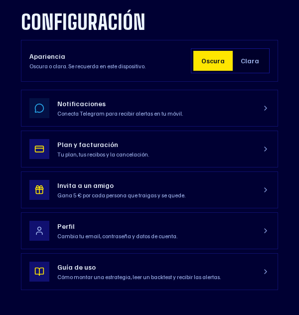 Pantalla de configuración con sus apartados