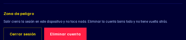 Zona de peligro del perfil, con cerrar sesión y eliminar cuenta