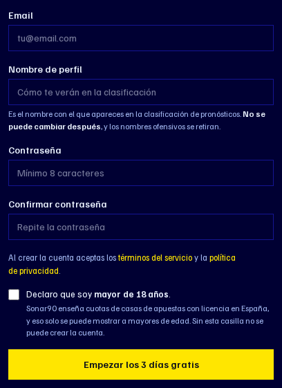 Formulario de registro con correo, contraseña y confirmación