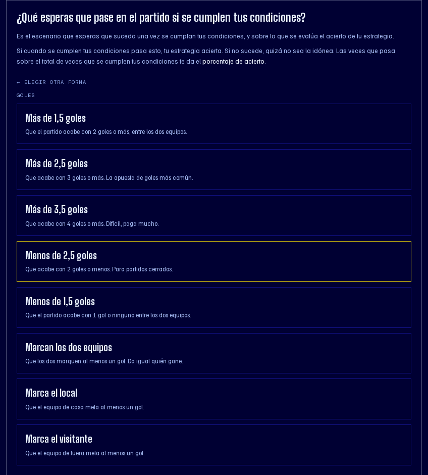 Lista de mercados convencionales agrupados por goles, resultado, córners y tarjetas