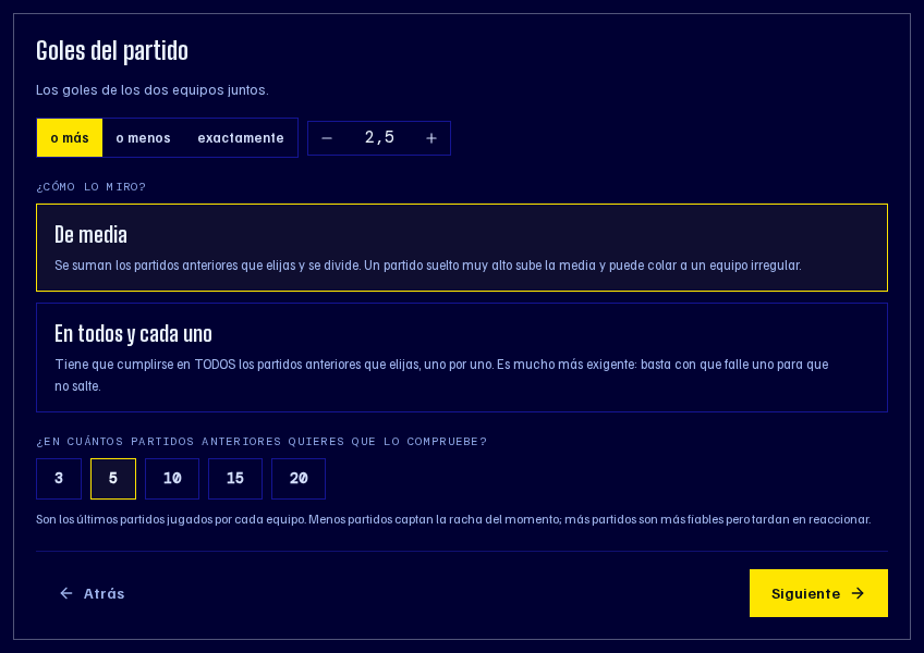 Paso de los números: umbral, media o todos, y ventana de partidos