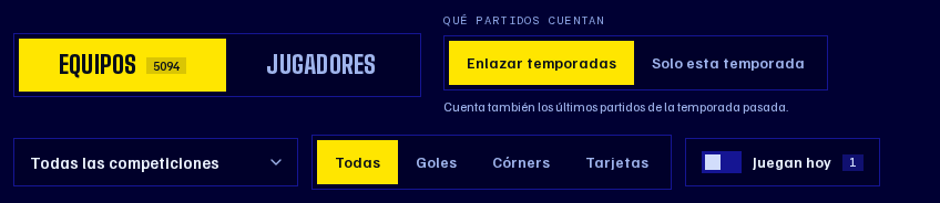 Interruptores de equipos o jugadores y de temporadas, y los filtros de la lista